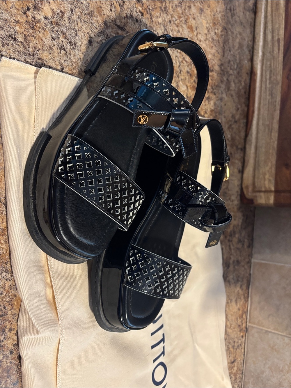 Louis Vuitton Maya Black Patent Monogram Platform Sandals